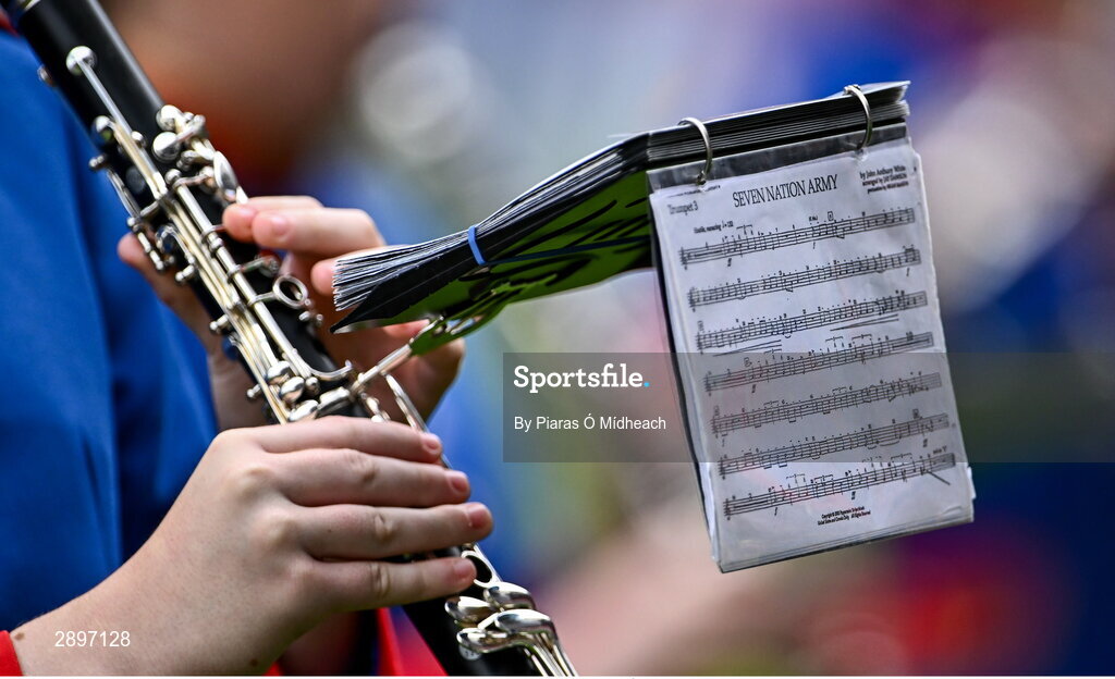28 July 2024; The sheet music of a member of The Artane Band for 'Seven Nation Army' at the GAA Football All-Ireland Senior Championship Final match between Armagh and Galway at Croke Park in Dublin. Photo by Piaras Ó Mídheach/Sportsfile