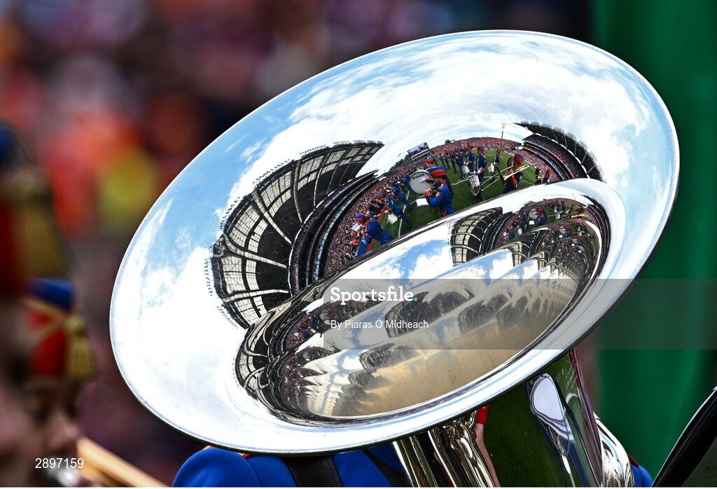 28 July 2024; Croke Park is reflected in the tuba of a member of The Artane Band before the GAA Football All-Ireland Senior Championship Final match between Armagh and Galway at Croke Park in Dublin. Photo by Piaras Ó Mídheach/Sportsfile