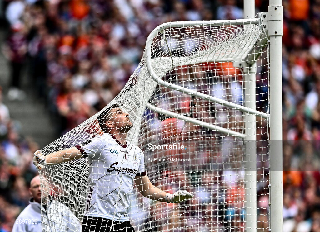 28 July 2024; Galway goalkeeper Connor Gleeson watches the ball go over the bar for a second half point for Armagh during the GAA Football All-Ireland Senior Championship Final match between Armagh and Galway at Croke Park in Dublin. Photo by Piaras Ó Mídheach/Sportsfile