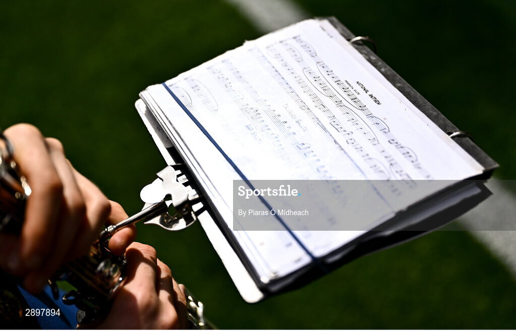28 July 2024; The sheet music of a member of The Artane Band for the 'Presidential Salute', a shortened version of Amhrán na bhFiann played to welcome President of Ireland Michael D Higgins to the pitch before the GAA Football All-Ireland Senior Championship Final match between Armagh and Galway at Croke Park in Dublin. Photo by Piaras Ó Mídheach/Sportsfile