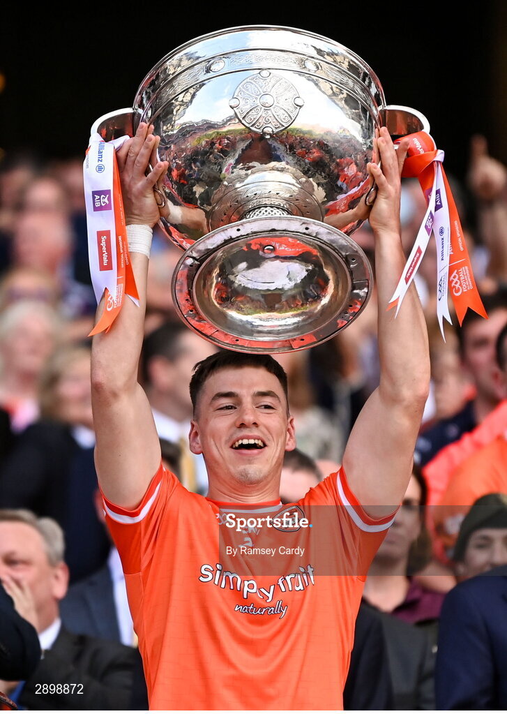 28 July 2024; Tomás McCormack of Armagh lifts the Sam Maguire Cup after the GAA Football All-Ireland Senior Championship Final match between Armagh and Galway at Croke Park in Dublin. Photo by Ramsey Cardy/Sportsfile
