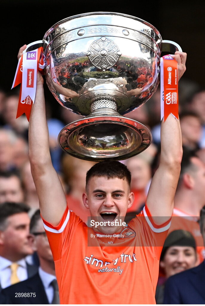 28 July 2024; Darragh McMullan of Armagh lifts the Sam Maguire Cup after the GAA Football All-Ireland Senior Championship Final match between Armagh and Galway at Croke Park in Dublin. Photo by Ramsey Cardy/Sportsfile