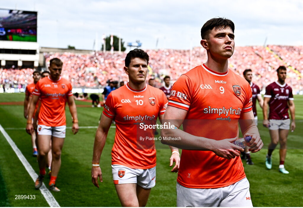 28 July 2024; Armagh players Ben Crealey, 9, and Niall Grimley, 8, in the parade before the GAA Football All-Ireland Senior Championship Final match between Armagh and Galway at Croke Park in Dublin. Photo by Piaras Ó Mídheach/Sportsfile