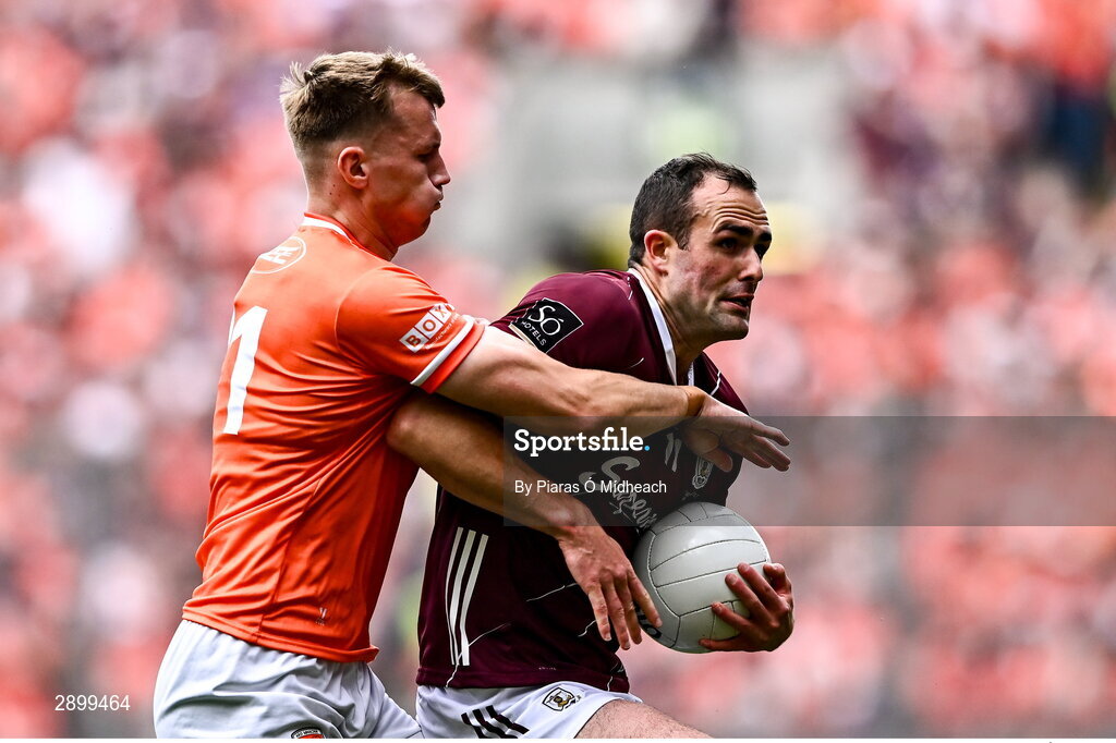 28 July 2024; John Maher of Galway in action against Rian O'Neill of Armagh during the GAA Football All-Ireland Senior Championship Final match between Armagh and Galway at Croke Park in Dublin. Photo by Piaras Ó Mídheach/Sportsfile