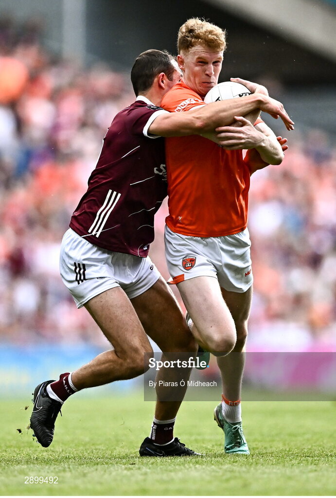 28 July 2024; Conor Turbitt of Armagh in action against John Maher of Galway during the GAA Football All-Ireland Senior Championship Final match between Armagh and Galway at Croke Park in Dublin. Photo by Piaras Ó Mídheach/Sportsfile