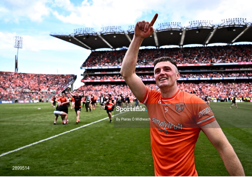 28 July 2024; Connaire Mackin of Armagh celebrates after his side's victory in the GAA Football All-Ireland Senior Championship Final match between Armagh and Galway at Croke Park in Dublin. Photo by Piaras Ó Mídheach/Sportsfile