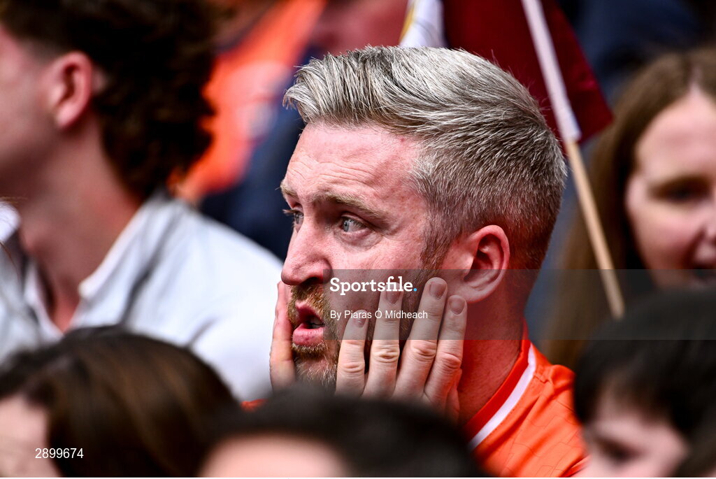 28 July 2024; An Armagh supporter during the GAA Football All-Ireland Senior Championship Final match between Armagh and Galway at Croke Park in Dublin. Photo by Piaras Ó Mídheach/Sportsfile