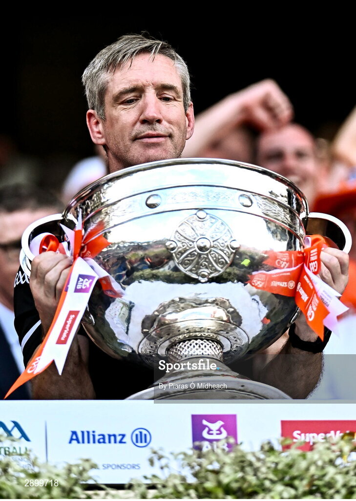 28 July 2024; Armagh manager Kieran McGeeney looks at the Sam Maguire Cup after his side's victory in the GAA Football All-Ireland Senior Championship Final match between Armagh and Galway at Croke Park in Dublin. Photo by Piaras Ó Mídheach/Sportsfile