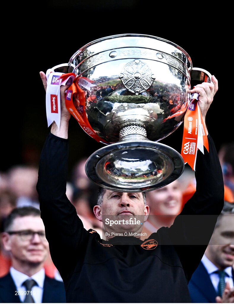 28 July 2024; Armagh coach Denis Hollywood lifts the Sam Maguire Cup after his side's victory in the GAA Football All-Ireland Senior Championship Final match between Armagh and Galway at Croke Park in Dublin. Photo by Piaras Ó Mídheach/Sportsfile