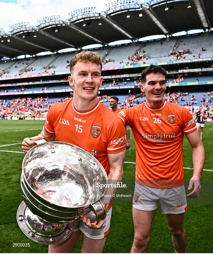 28 July 2024; Armagh players Conor Turbitt, left, and Jarly Óg Burns with the Sam Maguire Cup after the GAA Football All-Ireland Senior Championship Final match between Armagh and Galway at Croke Park in Dublin. Photo by Piaras Ó Mídheach/Sportsfile