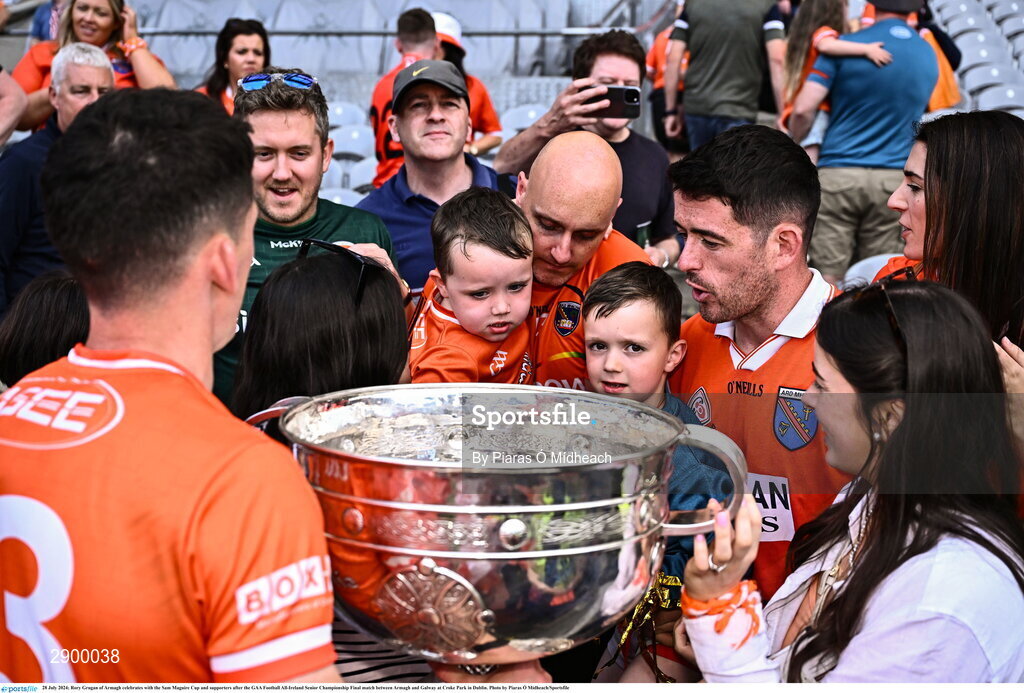 28 July 2024; Rory Grugan of Armagh celebrates with the Sam Maguire Cup and supporters after the GAA Football All-Ireland Senior Championship Final match between Armagh and Galway at Croke Park in Dublin. Photo by Piaras Ó Mídheach/Sportsfile