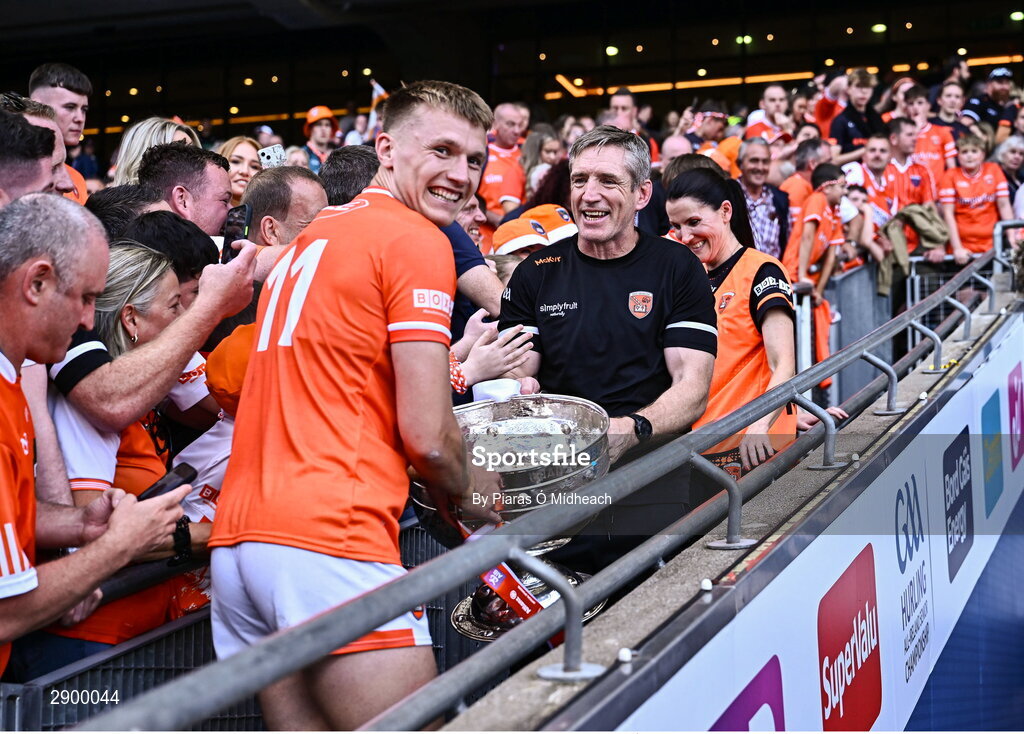 28 July 2024; Armagh manager Kieran McGeeney and Rian O'Neill, 11, with the Sam Maguire Cup after the GAA Football All-Ireland Senior Championship Final match between Armagh and Galway at Croke Park in Dublin. Photo by Piaras Ó Mídheach/Sportsfile