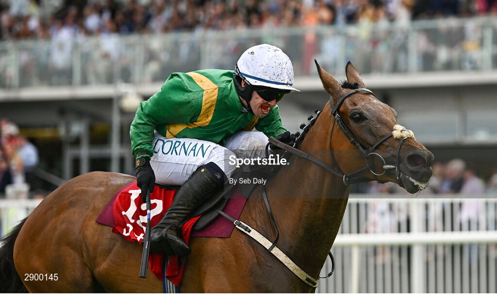 31 July 2024; Talk In The Park, with Darragh O'Keeffe up, on their way to winning the Tote Handicap Hurdle during day three of the Galway Races Summer Festival at Ballybrit Racecourse in Galway. Photo by Seb Daly/Sportsfile