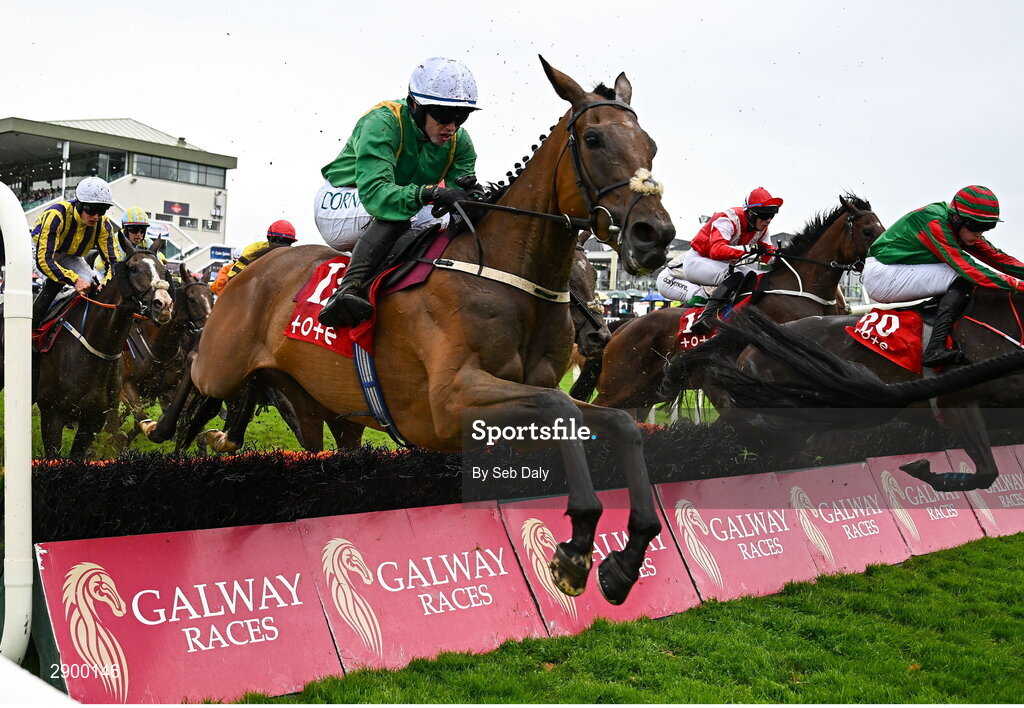 31 July 2024; Talk In The Park, with Darragh O'Keeffe up, on their way to winning the Tote Handicap Hurdle during day three of the Galway Races Summer Festival at Ballybrit Racecourse in Galway. Photo by Seb Daly/Sportsfile