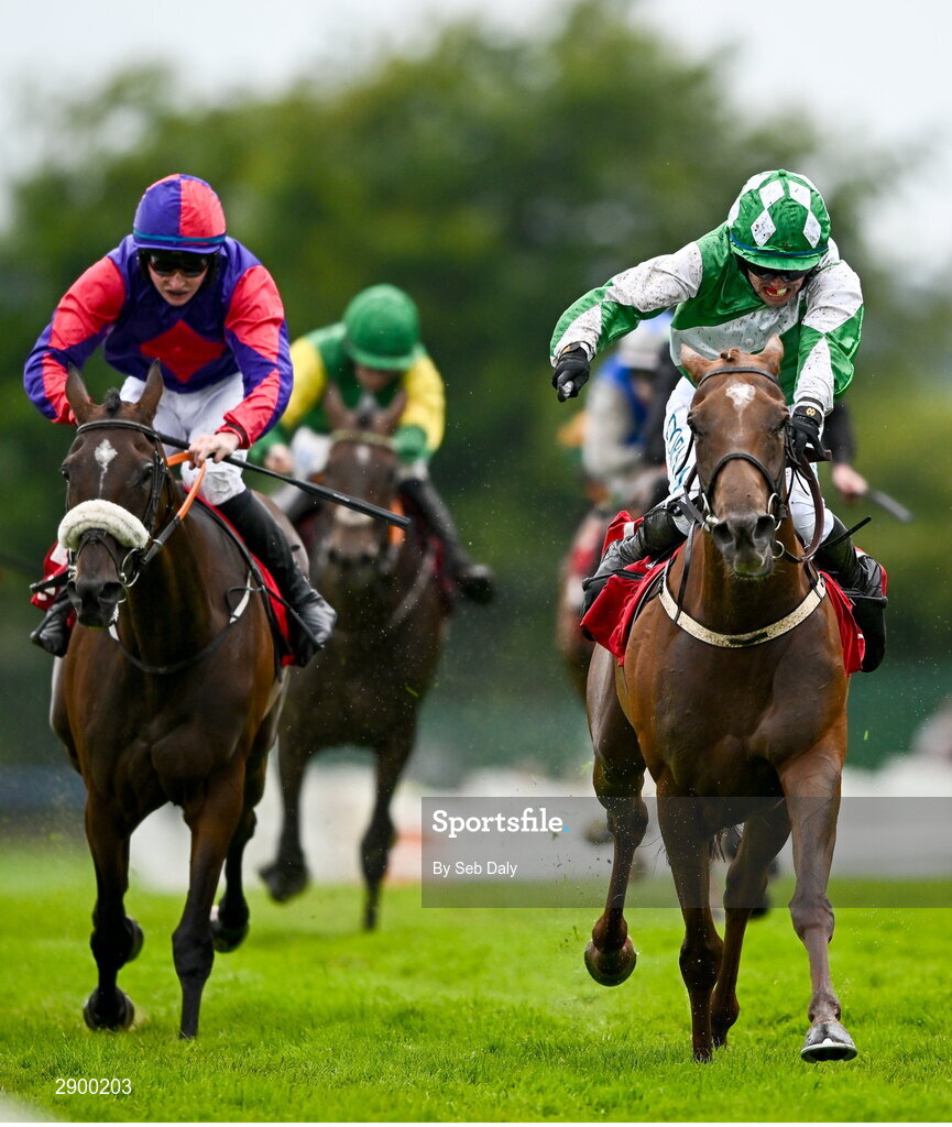 31 July 2024; Champella, right, with Darragh O'Keeffe up, on their way to winning the Tote Irish EBF Mares Handicap Hurdle during day three of the Galway Races Summer Festival at Ballybrit Racecourse in Galway. Photo by Seb Daly/Sportsfile