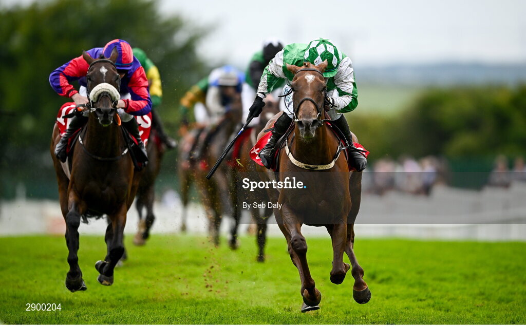 31 July 2024; Champella, right, with Darragh O'Keeffe up, on their way to winning the Tote Irish EBF Mares Handicap Hurdle during day three of the Galway Races Summer Festival at Ballybrit Racecourse in Galway. Photo by Seb Daly/Sportsfile