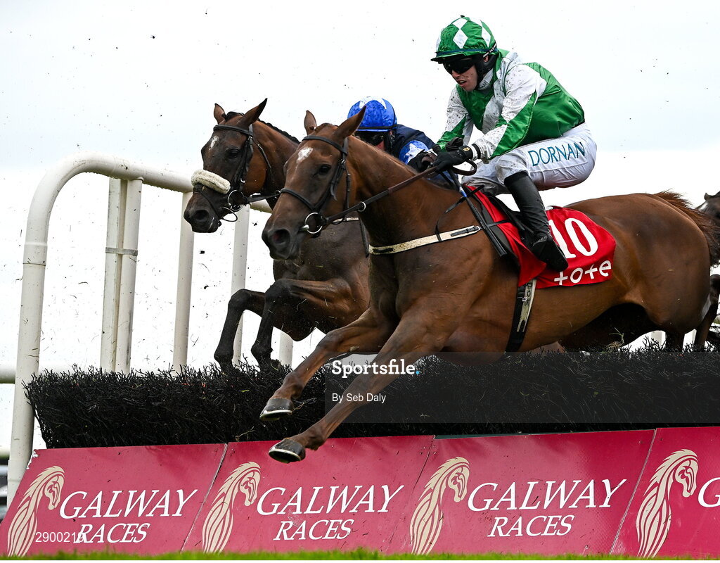 31 July 2024; Champella, with Darragh O'Keeffe up, on their way to winning the Tote Irish EBF Mares Handicap Hurdle during day three of the Galway Races Summer Festival at Ballybrit Racecourse in Galway. Photo by Seb Daly/Sportsfile