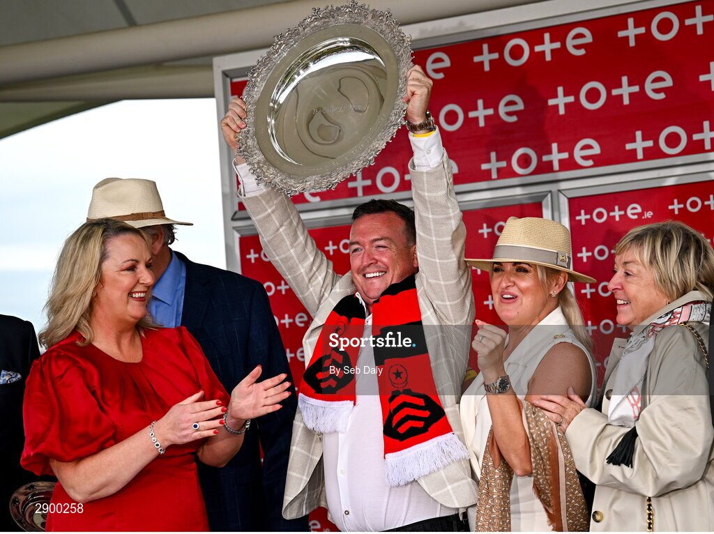 31 July 2024; Owner Philip Polly, centre, celebrates with the trophy after sending out Pinkerton to win the Tote Galway Plate during day three of the Galway Races Summer Festival at Ballybrit Racecourse in Galway. Photo by Seb Daly/Sportsfile