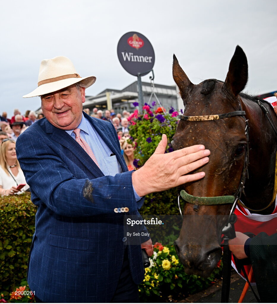 31 July 2024; Trainer Noel Meade and Pinkerton after winning the Tote Galway Plate during day three of the Galway Races Summer Festival at Ballybrit Racecourse in Galway. Photo by Seb Daly/Sportsfile
