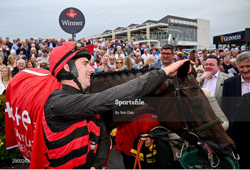 31 July 2024; Jockey Donagh Meyler and Pinkerton after winning the Tote Galway Plate during day three of the Galway Races Summer Festival at Ballybrit Racecourse in Galway. Photo by Seb Daly/Sportsfile