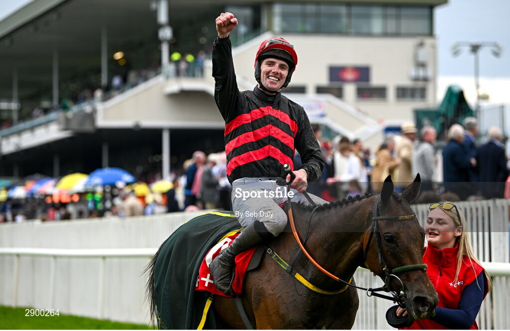 31 July 2024; Jockey Donagh Meyler celebrates on Pinkerton after winning the Tote Galway Plate during day three of the Galway Races Summer Festival at Ballybrit Racecourse in Galway. Photo by Seb Daly/Sportsfile