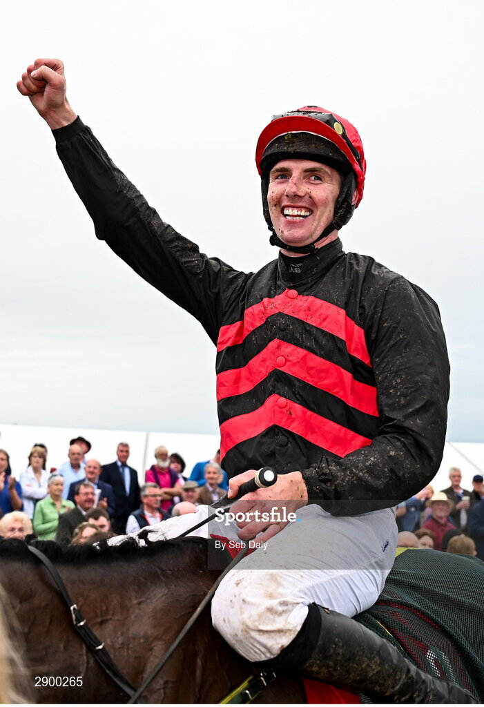 31 July 2024; Jockey Donagh Meyler celebrates after riding Pinkerton to victory in the Tote Galway Plate during day three of the Galway Races Summer Festival at Ballybrit Racecourse in Galway. Photo by Seb Daly/Sportsfile