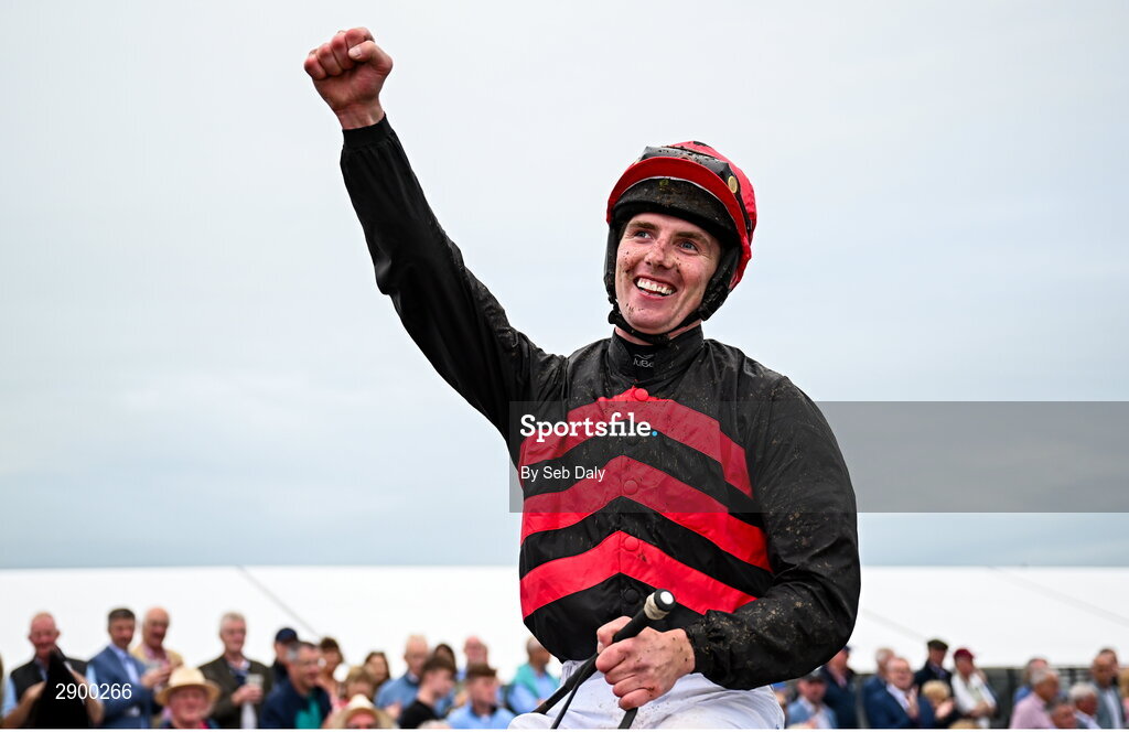 31 July 2024; Jockey Donagh Meyler celebrates after riding Pinkerton to victory in the Tote Galway Plate during day three of the Galway Races Summer Festival at Ballybrit Racecourse in Galway. Photo by Seb Daly/Sportsfile