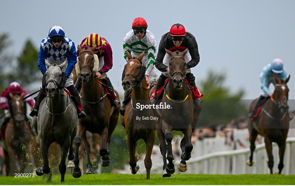 31 July 2024; Jockey Donagh Meyler, right, celebrates on Pinkerton as he crosses the line to win the Tote Galway Plate during day three of the Galway Races Summer Festival at Ballybrit Racecourse in Galway. Photo by Seb Daly/Sportsfile