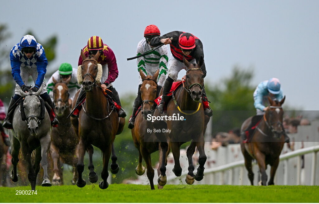 31 July 2024; Jockey Donagh Meyler, right, celebrates on Pinkerton as he crosses the line to win the Tote Galway Plate during day three of the Galway Races Summer Festival at Ballybrit Racecourse in Galway. Photo by Seb Daly/Sportsfile