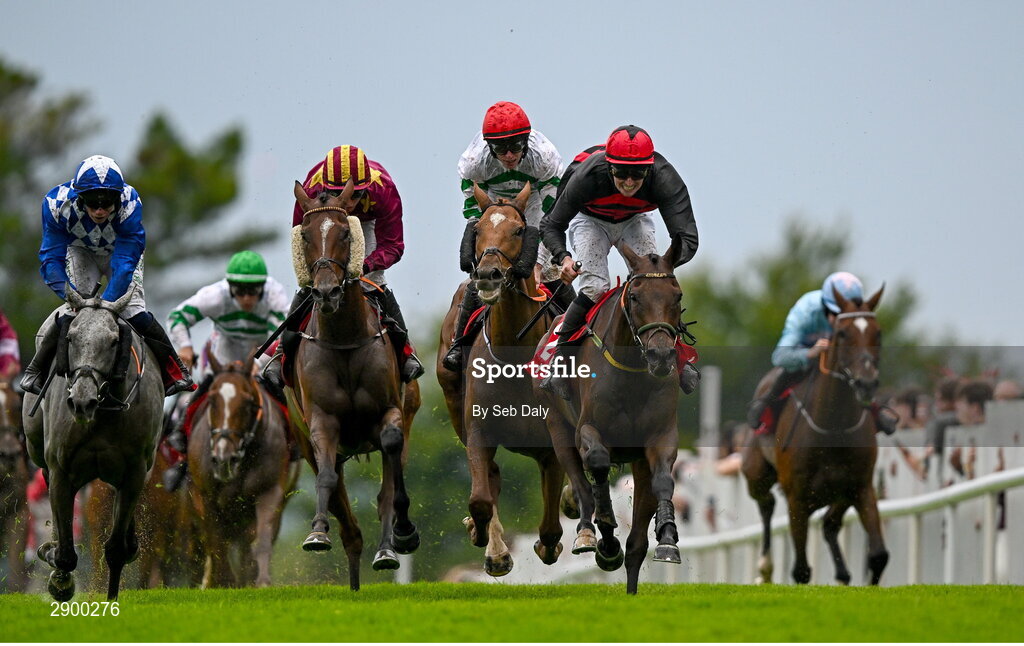 31 July 2024; Jockey Donagh Meyler, right, celebrates on Pinkerton as he crosses the line to win the Tote Galway Plate during day three of the Galway Races Summer Festival at Ballybrit Racecourse in Galway. Photo by Seb Daly/Sportsfile