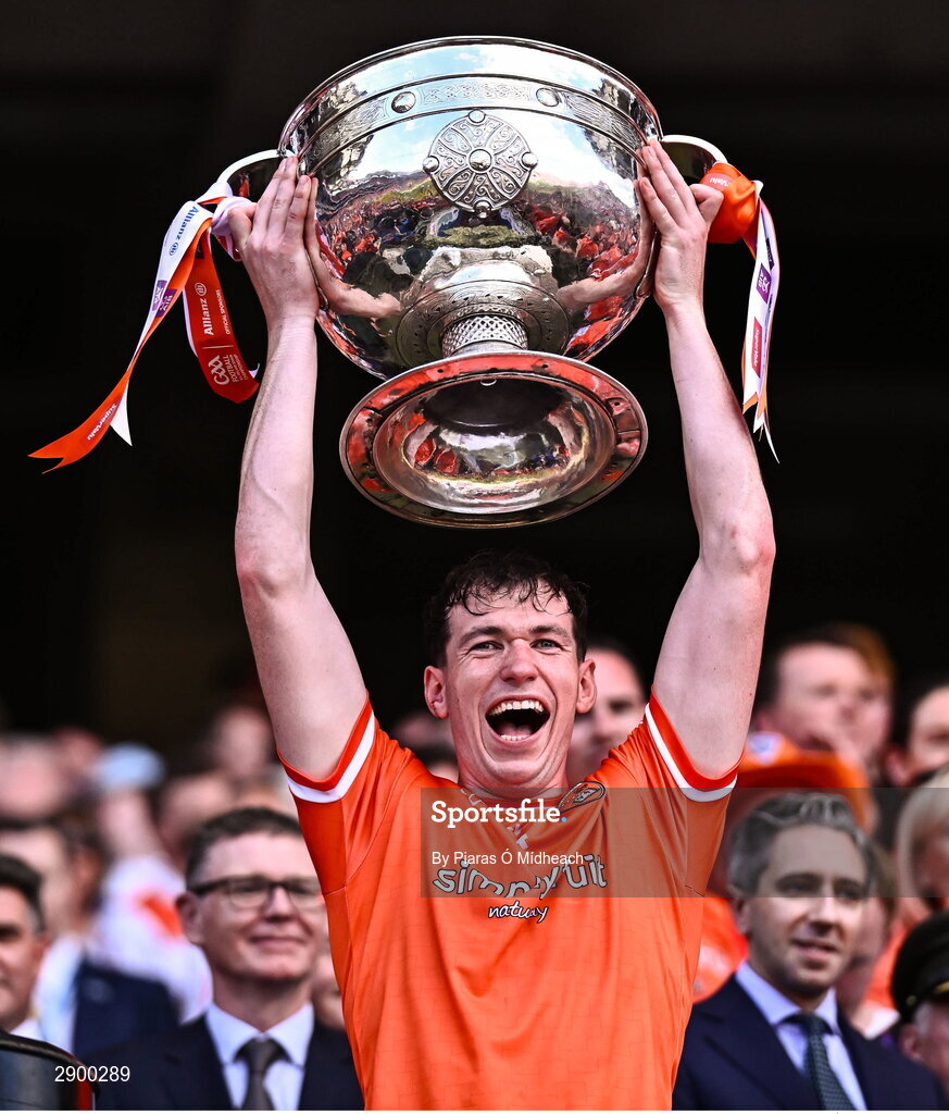 28 July 2024; Barry McCambridge of Armagh lifts the Sam Maguire Cup after his side's victory in the GAA Football All-Ireland Senior Championship Final match between Armagh and Galway at Croke Park in Dublin. Photo by Piaras Ó Mídheach/Sportsfile