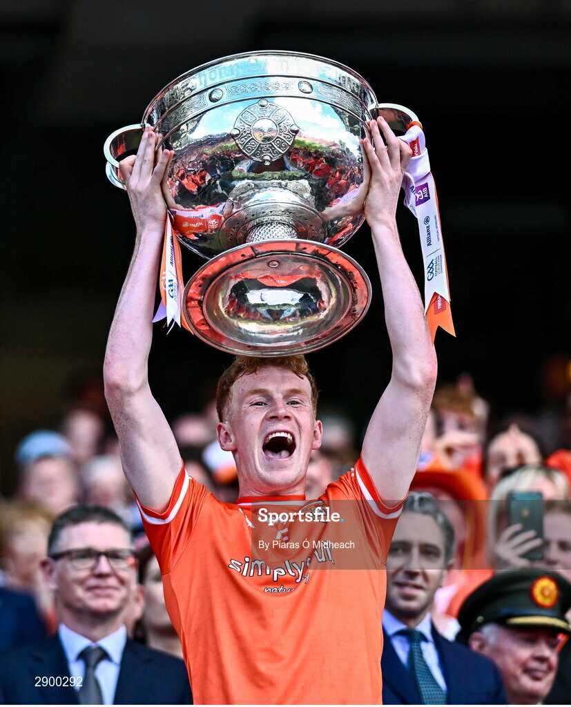 28 July 2024; Conor Turbitt of Armagh lifts the Sam Maguire Cup after his side's victory in the GAA Football All-Ireland Senior Championship Final match between Armagh and Galway at Croke Park in Dublin. Photo by Piaras Ó Mídheach/Sportsfile