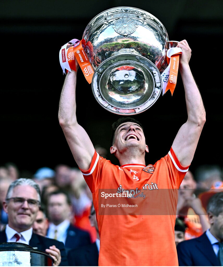 28 July 2024; Niall Grimley of Armagh lifts the Sam Maguire Cup after his side's victory in the GAA Football All-Ireland Senior Championship Final match between Armagh and Galway at Croke Park in Dublin. Photo by Piaras Ó Mídheach/Sportsfile