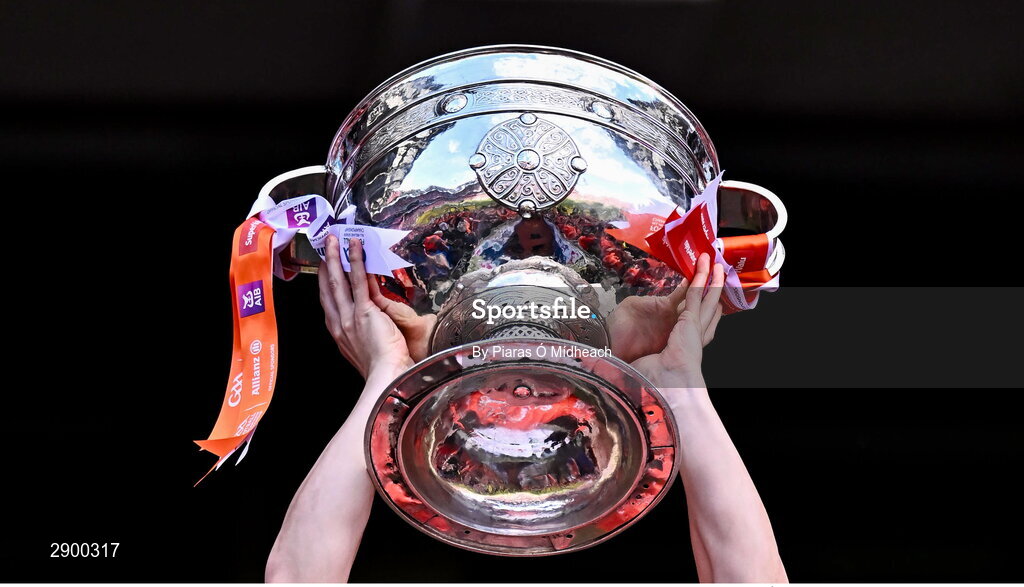 28 July 2024; The Sam Maguire Cup during Armagh's celebrations after the GAA Football All-Ireland Senior Championship Final match between Armagh and Galway at Croke Park in Dublin. Photo by Piaras Ó Mídheach/Sportsfile