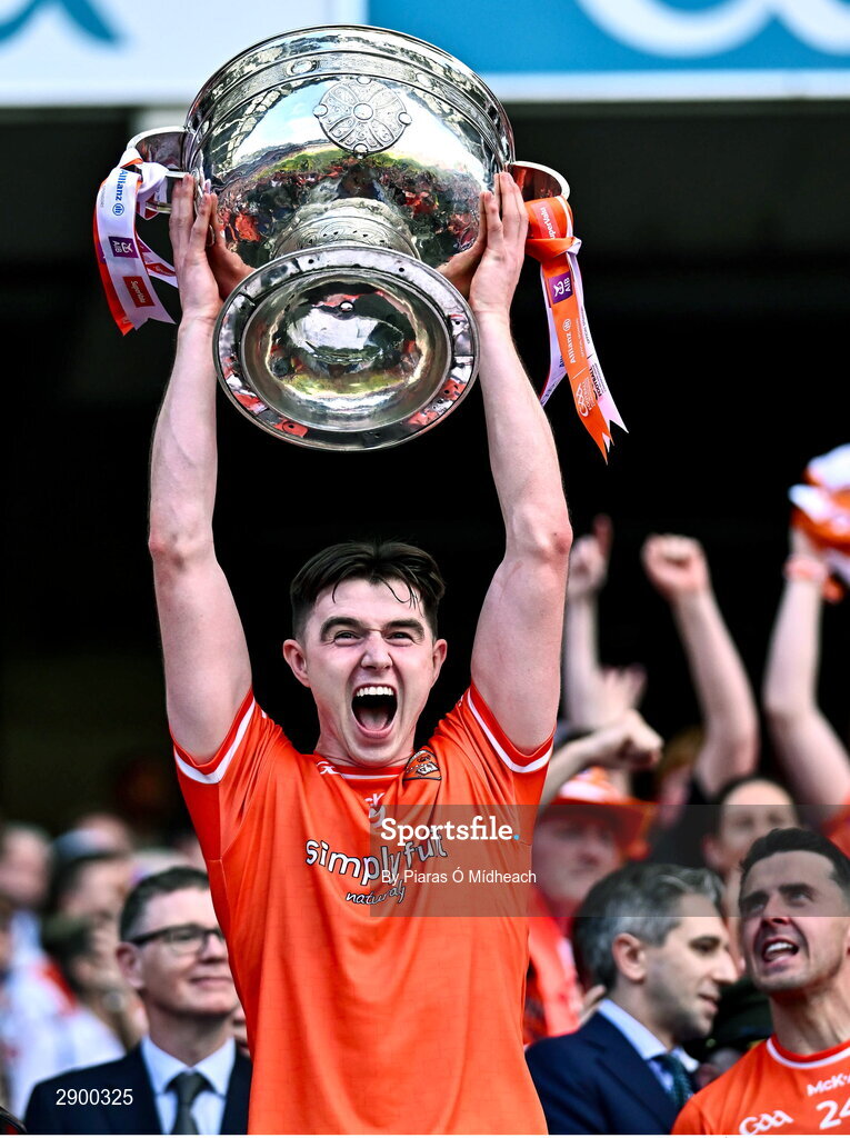 28 July 2024; Ben Crealey of Armagh lifts the Sam Maguire Cup after his side's victory in the GAA Football All-Ireland Senior Championship Final match between Armagh and Galway at Croke Park in Dublin. Photo by Piaras Ó Mídheach/Sportsfile
