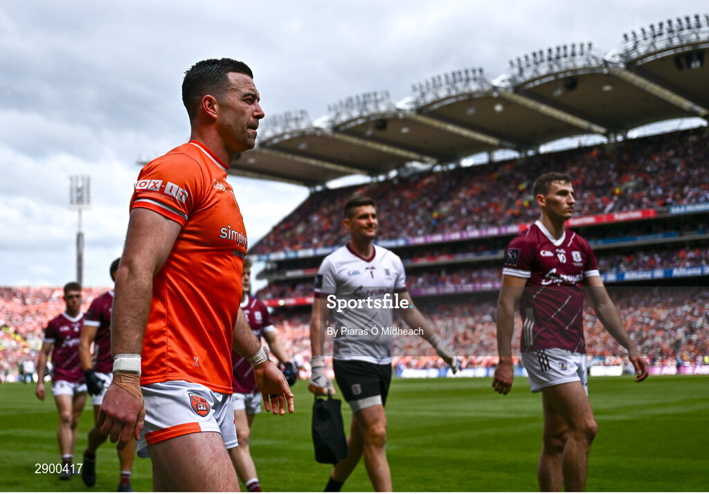 28 July 2024; Armagh captain Aidan Forker in the pre-match parade before the GAA Football All-Ireland Senior Championship Final match between Armagh and Galway at Croke Park in Dublin. Photo by Piaras Ó Mídheach/Sportsfile