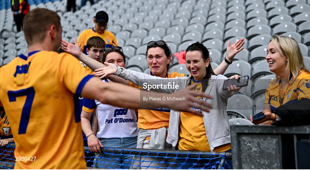 21 July 2024; Supporters celebrate with David McInerney of Clare after the GAA Hurling All-Ireland Senior Championship Final between Clare and Cork at Croke Park in Dublin. Photo by Piaras Ó Mídheach/Sportsfile
