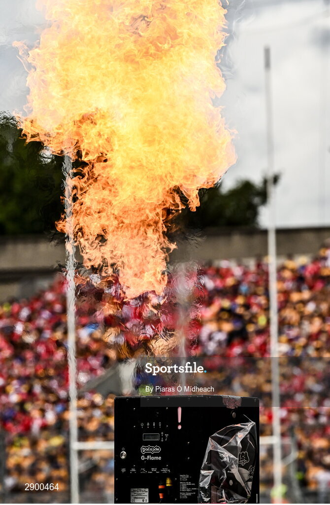 21 July 2024; A flame display pitchside before the GAA Hurling All-Ireland Senior Championship Final between Clare and Cork at Croke Park in Dublin. Photo by Piaras Ó Mídheach/Sportsfile