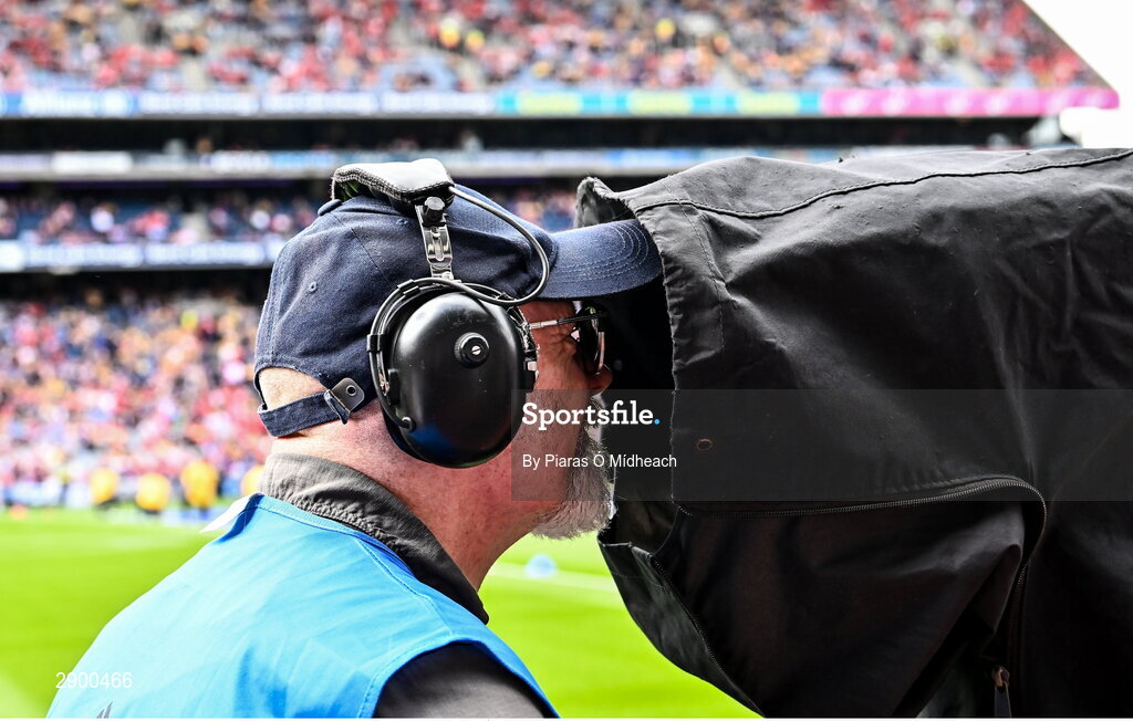21 July 2024; A TV camera operator before the GAA Hurling All-Ireland Senior Championship Final between Clare and Cork at Croke Park in Dublin. Photo by Piaras Ó Mídheach/Sportsfile