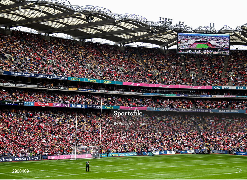 21 July 2024; Groundsman Sam Kingston tends to the pitch just before the GAA Hurling All-Ireland Senior Championship Final between Clare and Cork at Croke Park in Dublin. Photo by Piaras Ó Mídheach/Sportsfile