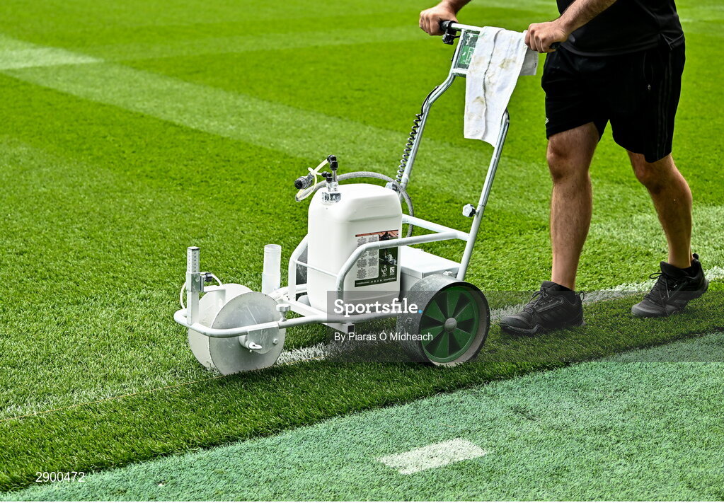 21 July 2024; Groundsman Darren Jepson painting lines on the pitch before the GAA Hurling All-Ireland Senior Championship Final between Clare and Cork at Croke Park in Dublin. Photo by Piaras Ó Mídheach/Sportsfile