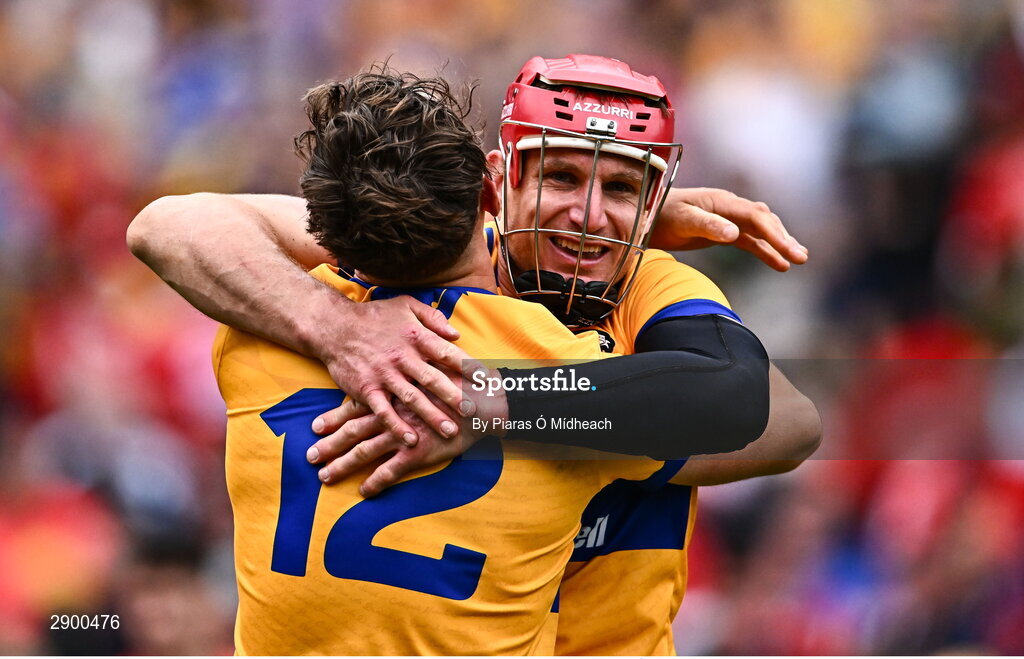 21 July 2024; Clare players John Conlon, right, and Peter Duggan celebrate after their side's victory in the GAA Hurling All-Ireland Senior Championship Final between Clare and Cork at Croke Park in Dublin. Photo by Piaras Ó Mídheach/Sportsfile