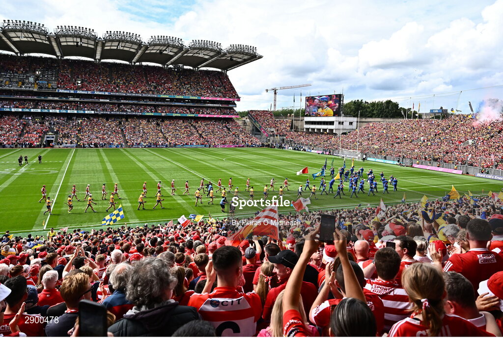 21 July 2024; Players march behind the Artane Band before the GAA Hurling All-Ireland Senior Championship Final between Clare and Cork at Croke Park in Dublin. Photo by Piaras Ó Mídheach/Sportsfile