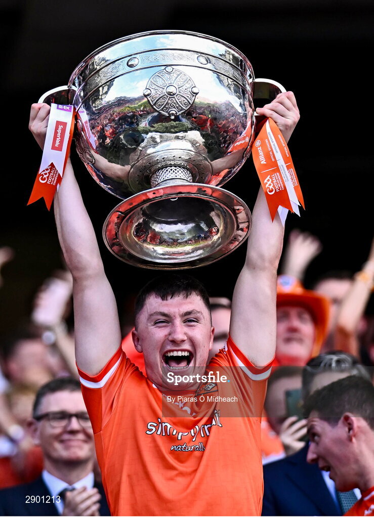 28 July 2024; Oisín Conaty of Armagh lifts the Sam Maguire Cup after the GAA Football All-Ireland Senior Championship Final match between Armagh and Galway at Croke Park in Dublin. Photo by Piaras Ó Mídheach/Sportsfile