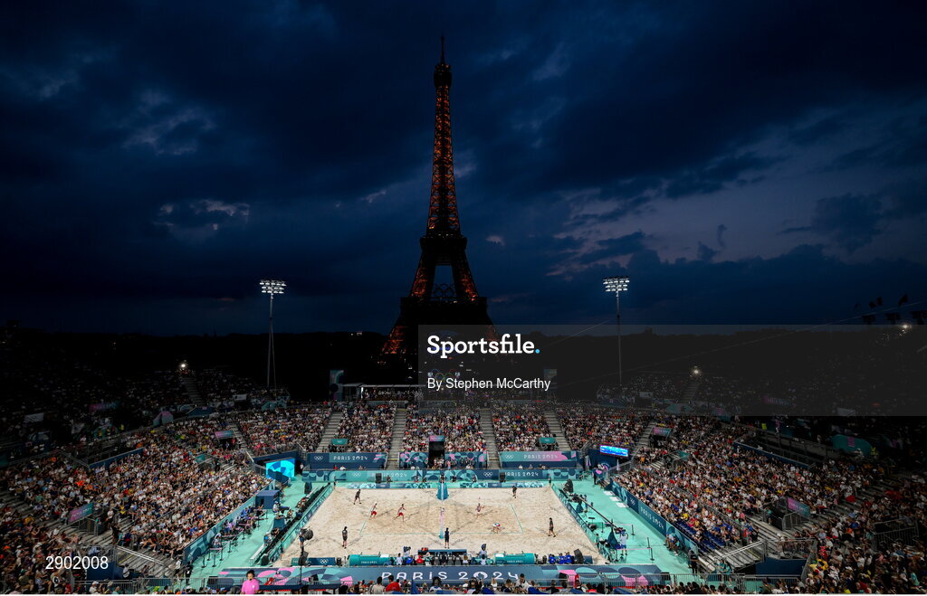 1 August 2024; A general view of the arena during the men's preliminary phase pool A match between Team Poland and Team France at the Eiffel Tower Stadium during the 2024 Paris Summer Olympic Games in Paris, France. Photo by Stephen McCarthy/Sportsfile