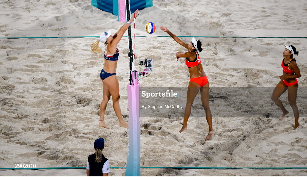 1 August 2024; Taryn Kloth of Team USA in action against Chen Xue of Team China during the women's preliminary phase pool A match between Team USA and Team China at the Eiffel Tower Stadium during the 2024 Paris Summer Olympic Games in Paris, France. Photo by Stephen McCarthy/Sportsfile