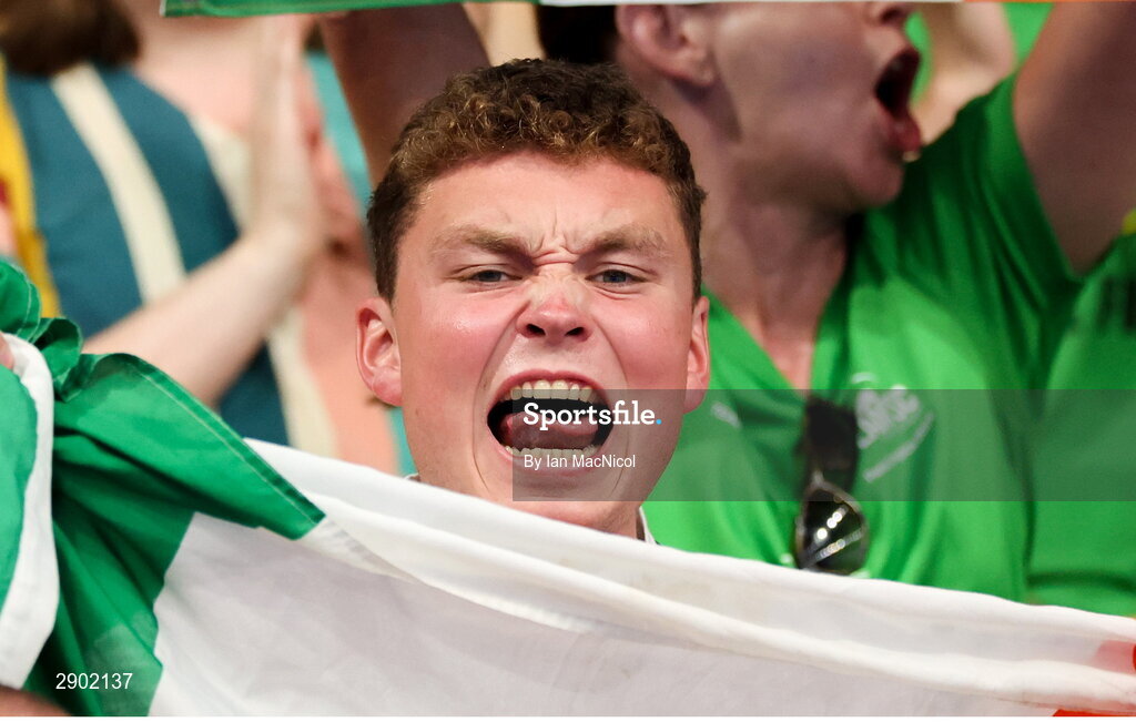 2 August 2024; Supporters of Ellen Walshe of Team Ireland during the women's 200m individual medley heats at the Paris La Défense Arena during the 2024 Paris Summer Olympic Games in Paris, France. Photo by Ian MacNicol/Sportsfile