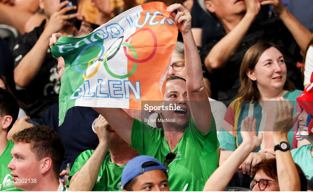 2 August 2024; Supporters of Ellen Walshe of Team Ireland during the women's 200m individual medley heats at the Paris La Défense Arena during the 2024 Paris Summer Olympic Games in Paris, France. Photo by Ian MacNicol/Sportsfile
