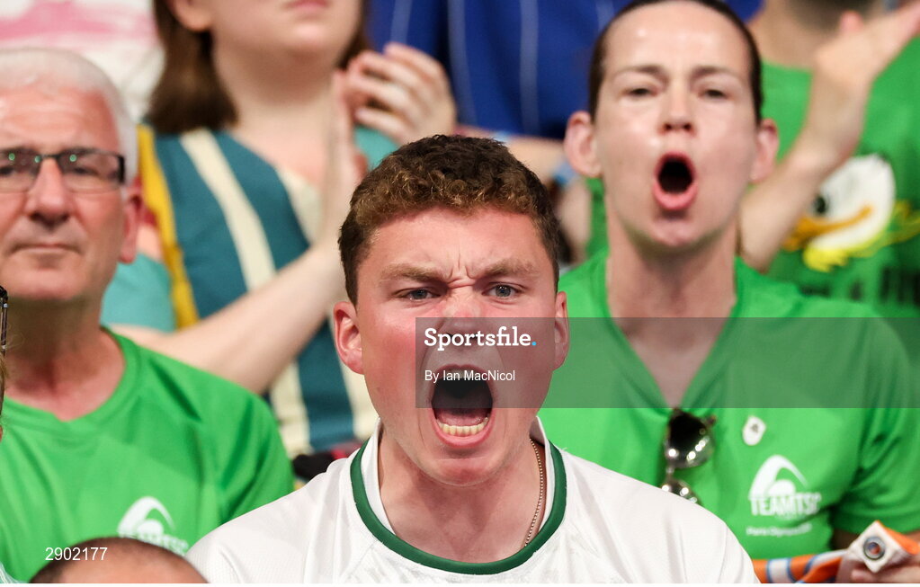 2 August 2024; Supporters of Ellen Walshe of Team Ireland during the women's 200m individual medley heats at the Paris La Défense Arena during the 2024 Paris Summer Olympic Games in Paris, France. Photo by Ian MacNicol/Sportsfile