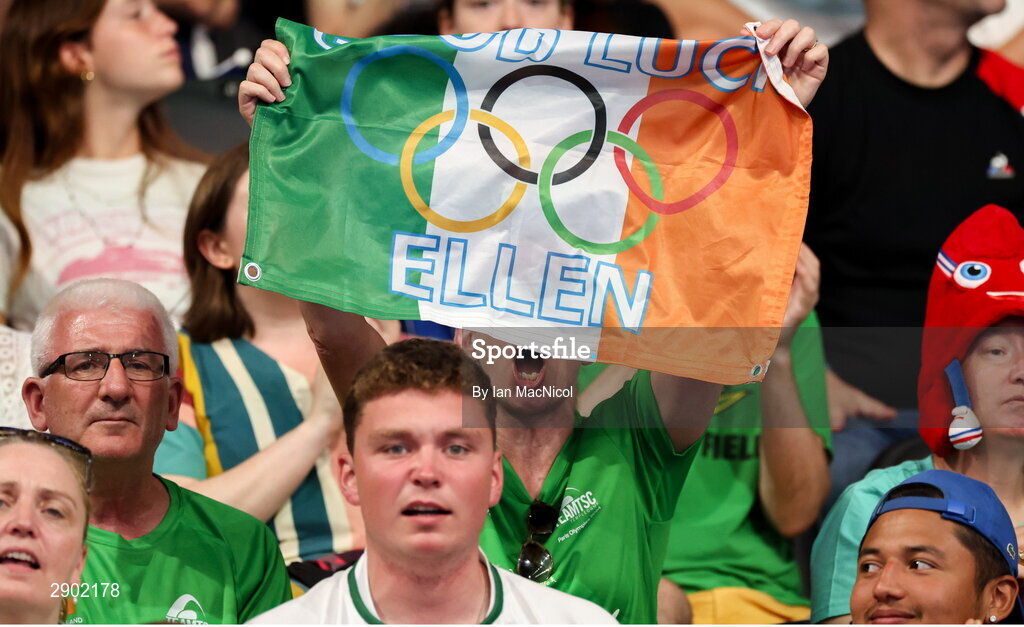 2 August 2024; Supporters of Ellen Walshe of Team Ireland during the women's 200m individual medley heats at the Paris La Défense Arena during the 2024 Paris Summer Olympic Games in Paris, France. Photo by Ian MacNicol/Sportsfile